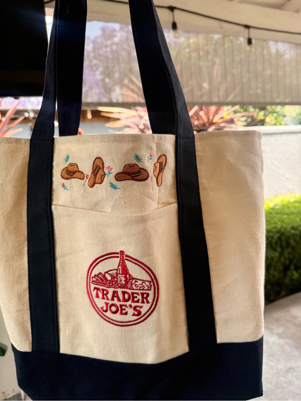 Trader Joe’s Embroidered Canvas Tote Bag in Cream and Black